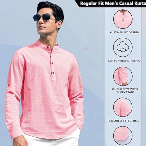 Image of Beige Color Cotton Blend Mandarin Neck Short Kurta Straight Kurta for Men (S)