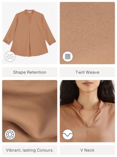 Image of SAADAA Top for Women, Viscose Pleated Tops, V-Neck with a Collar, 3 /4 Sleeve Length, Office & Casual Wear