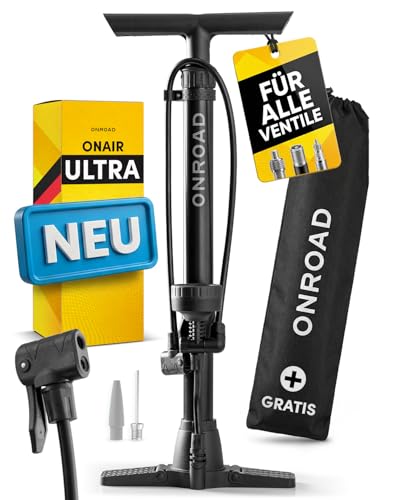 Fahrradpumpe alle Ventile (SV/AV/DV) Luftpumpe Fahrrad ON-AIR Ultra mit Großem Manometer Adapterfach & Gratis Beutel | Hochwertige Standpumpe mit Klappbaren Standfuß und Abnehmbaren Griff
