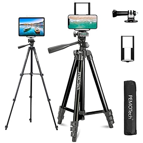 Handy Tablet Stativ, PEMOTech 50" Stativ für Smartphone, Adapter für Gopro,360° Drehung Tragbar Stativ aus Kamera Tripod mit Fernauslöser Kompatibel für iPad, Alle Handy, iPhone,Samsung,Gopro Cover