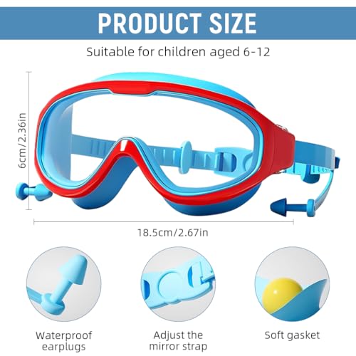 Image of PROBEROS Swimming Goggles for Kids 6-12 Years Old, UV Protection Anti-fog Coated HD, with Leak-Proof Integrated Earplugs, Adjustable Silicone Head Strap & Storage Box