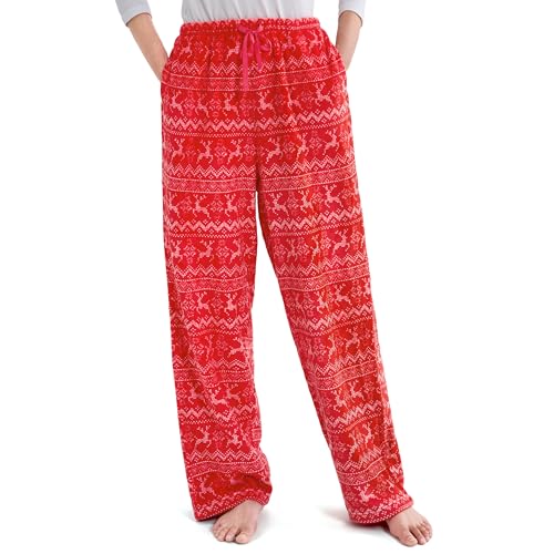 Giggling Getup Christmas Pajama Pants Women Soft Flannel Fleece Pajama Bottoms Sleep & Lounge Pants with Pockets and Drawstring Fair Island Red-XL