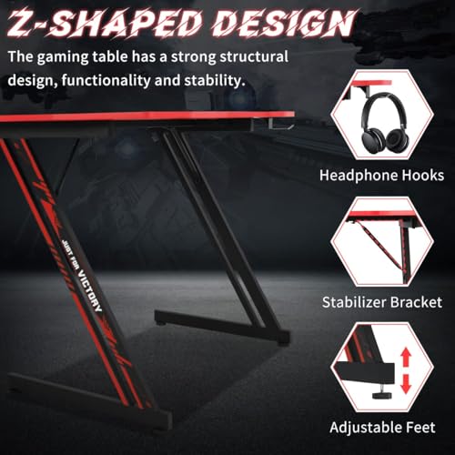 Image of Gmaing Desk 35.4in PC Computer Desk, Blue Ergonomic Gaming Table Z Shaped Gaming Workstation with Headphone Hook for Home Office