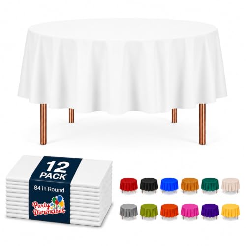 Image of Party Dimensions White Disposable Plastic Tablecloth, Round, 84 inch, 12 Pack | Disposable Waterproof Table Cover for Birthdays, Weddings, Graduations, Picnics & BBQs, Indoor /Outdoor, Fits Tables up to 72 inch