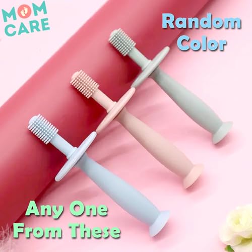 MOM Care Manual Silicone Baby Teether for Teething Gums, Soft Teething Brush with Textured Surface for Infants and Babies, Food Grade Silicone, Tooth Brush Design, (Random Color)