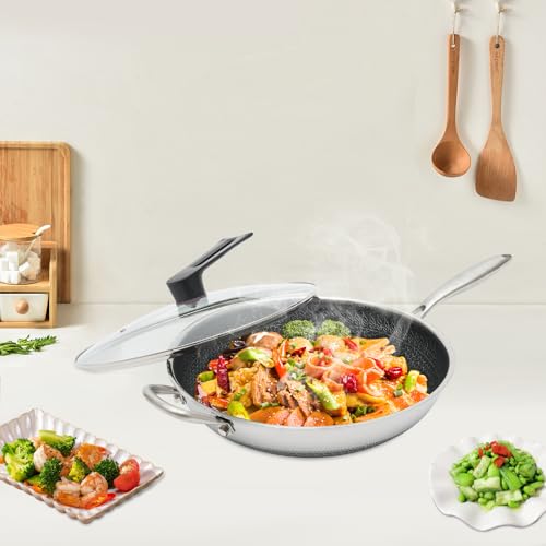 Wok de acero inoxidable de 13.4 pulgadas con tapa y superficie antiadherente miniatura 1