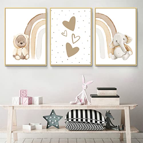 Sarah Duke Poster Kinderzimmer, 3er Set Regenbogen Tiere Beige Bilder Wandposter, Ohne Rahmen Wandbilder Deko, Leinwandposter Geschenk für Junge und Mädchen (30 x 40 cm) Cover