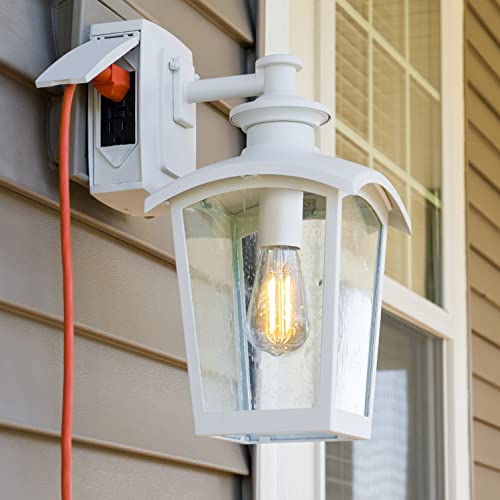 New Deal Home Luminaire 31856 Spence 1-Light Outdoor Wall Lantern with Seeded Glass and Built-in GFCI Outlet, White