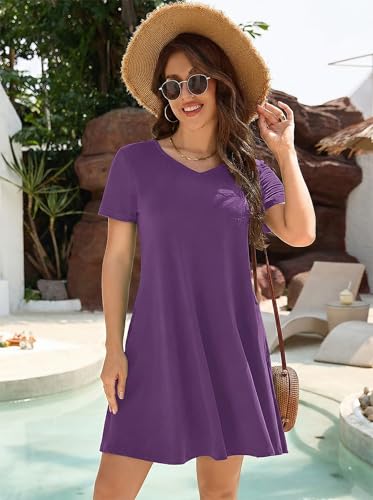 Image of KORSIS Dresses for Women Casual T-Shirt Summer Short Sleeve Loose Comfy Dress Swing Flowy Beach Vacation Sundress with Pocket