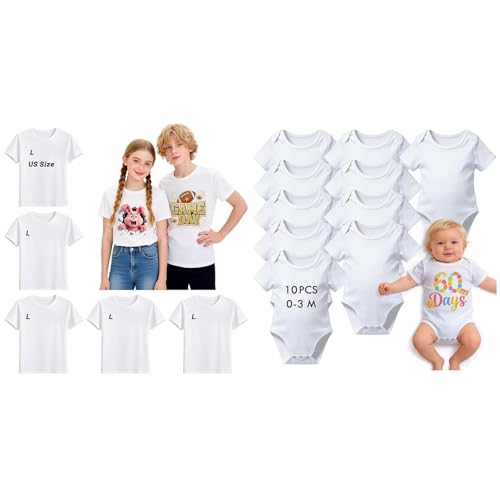 Joyclub Bundle of 5 Pack Youth Sublimation Blank T Shirts and 10 PCS Sublimation Baby Bodysuits