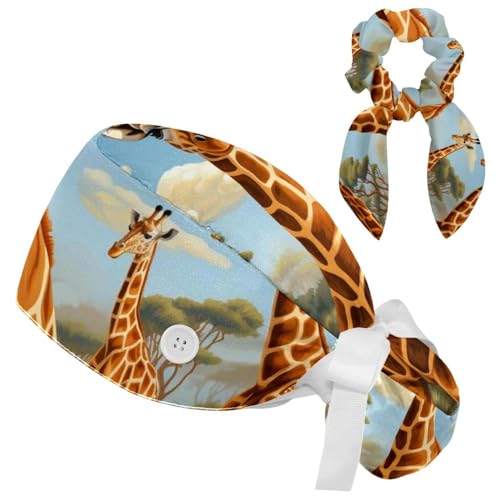 Image of Women's Working Caps Bouffant Surgical Cap with Bow Scrunchies Little Daisy Art Paint Ponytail Holder Tie Back Scrub Hat