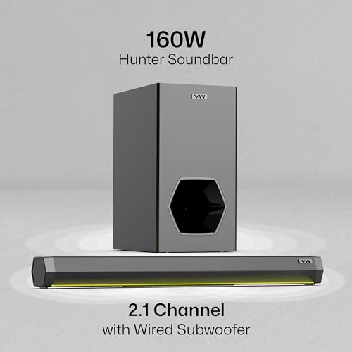 Image of VW Hunter Bar | 160W Soundbar | 2.1 Channel Home Theatre | Deep Bass from 6.5 inch Subwoofer | Multiple Connectivity | 4 EQ Modes | Sleek Remote & LED Light (Black)