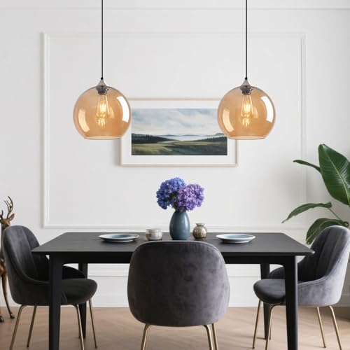 Image of Amber Glass Pendant Lights Kitchen Island Globe Pendant Light Fixtures Modern Pendant Lighting for Bedroom Living Dining Room Light Fixture (9.84 in, 3 Pack)