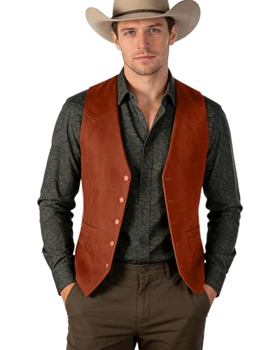 Image of Bakerbear Retro Casual Men's Cowboy Vest Western Suede Leather Waistcoat | vintage classic, v-neck, welt pockets, exquisite button, comfortable,bussiness work, wedding dress vests, prom christmas