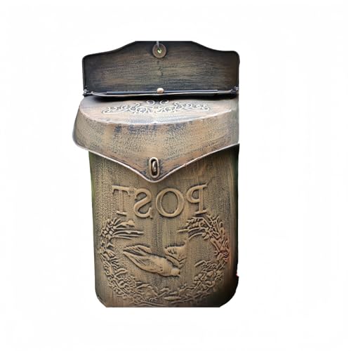 郵便ポスト 北欧風 メールボックス 宅配ボックス付き | 防水・金属製 レトロデザイン ロック可能 | 薄型壁掛けタイプ ガーデン用 | 屋外設置可 (銅)