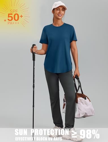 Image of PINSPARK Workout Tops for Women Short Sleeve Athletic Shirts UPF 50+ Quick Dry Running Outfits for Exercise Gym Hiking S-3XL