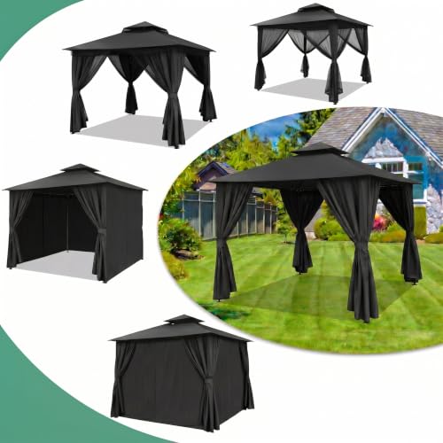 Image of COBIZI 10x10 FT Outdoor Gazebo, Soft Top Patio Gazebo with Ventilated Double-Tier Roof, Heavy-Duty Metal Frame Canopy with Removable Privacy Curtains for Backyard, Garden, Lawn, Black