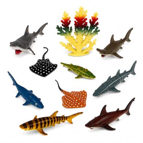 Rhode Island Novelty Shark and Stingray Playset: 12 Piece Toy Set in Clip Bag for Play on The GO!