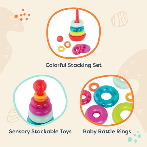 Image of B. toys Rainbow Rings Stacking Rings Teether Rattle Baby Toy Set, 9 Pieces | 9-piece rainbow ring stacker with 2 teething rings, 2 rattle rings, base and top ball; easy to grasp, Baby; 6+ Months