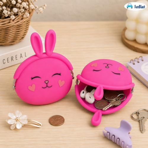 Image of FunBlast Cute Bunny Shape Silicone Coin Purse for Kids & Adults - Mini Pouch for Coins, Earphones, Keys & Small Essentials, Aesthetic Pouches for Girls & Women - 12 X 9.5 X 3 Cm (Bunny-Dark Pink)