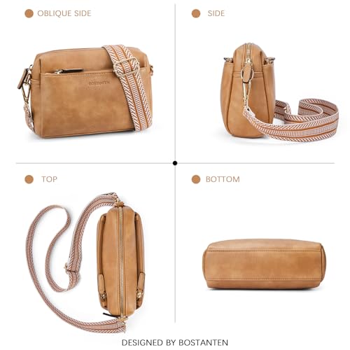 Image of BOSTANTEN Small Crossbody Purse for Women Triple Zip Cell Phone Leather Handbag with Colored Shoulder Strap