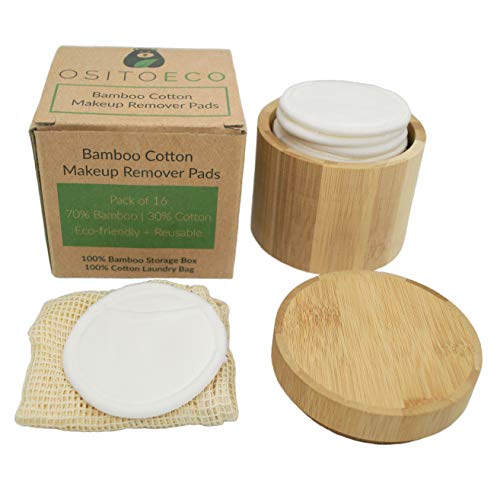 Reusable Bamboo Cotton Makeup Remover Pads (16 Pack) with Bamboo Storage Holder Box and Cotton Laundry Bag