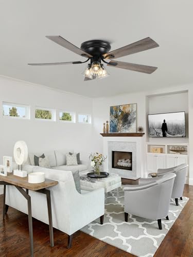 Image of 52 Inch Vintage Ceiling Fan with Lights Flush Mount Chandelier Ceiling Fan Indoor Farmhouse Rustic Chandelier Low Profile Antique Fandelier, 3 LED Light Bulbs Base, for Bedroom Living Room