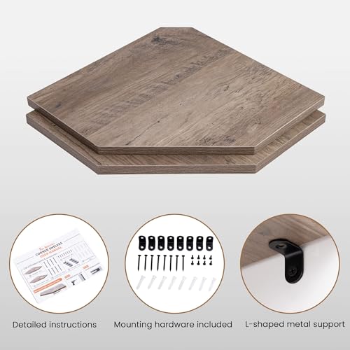 Image of Fun Memories Corner Shelf Wall Mount, Floating Corner Shelves, Set of 2 Corner Wall Shelf Organizer, Rustic Wood Wall Storage Display Shelves for Living Room Bedroom Bathroom Kitchen, Rustic Grey