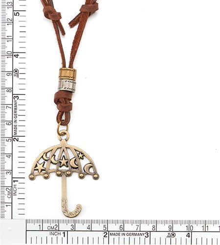 COOLSTEELANDBEYOND Aged Brass Umbrella Pendant Necklace with Adjustable Brown Leather Cord - Image 3