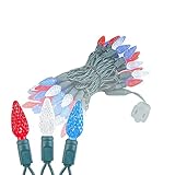 Novelty Lights, Inc. CGC6LED70 Commercial Grade LED Christmas and American Color Mini Light Set, C6 Stawberry Bulb, Green Wire, Red/White/Blue, 70 Light, 24' Long