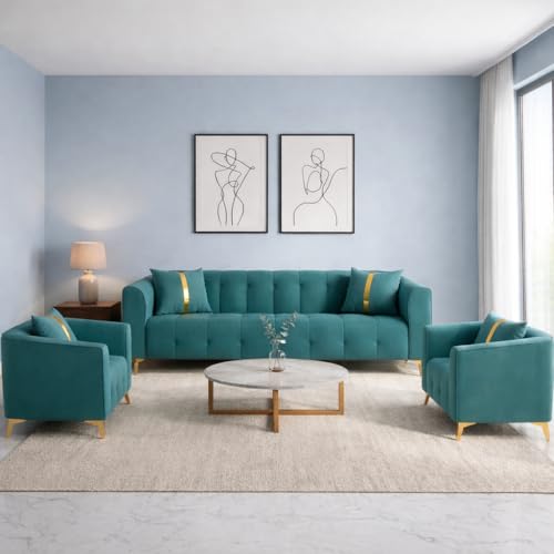 Image of Adorn India Premium Mystic - 3 Years Warranty - 3+1+1 Sofa Set Velvet Suede Fabric - Aqua Blue