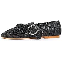 Woven Ballet Flats for Women Round Toe Mary Jane Shoes with Flower Comfortable Buckle Ballerina Flats Shoes