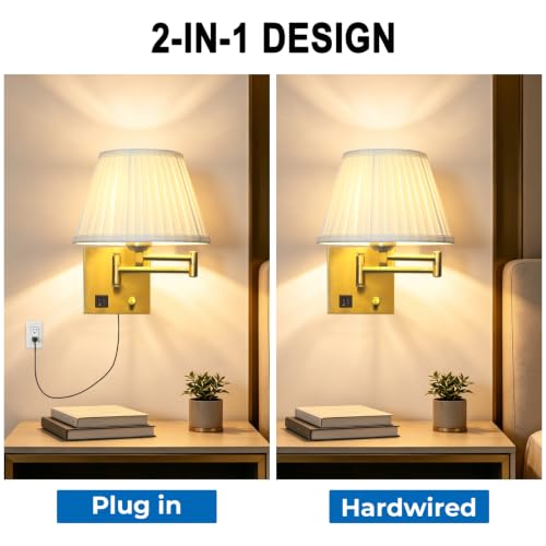 Image of Plug in Wall Lamp for Living Room Bedroom Bedside, Bulb Included | Wall Sconce with USB C+A Charging Ports, Adjustable Swing Arm 270, Adjustable Color Temperature, White Fabric Cone lampshade