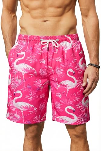 Enlision Badehose für Herren 7.5 Schnelltrocknende Hawaii Badeshorts Lang Männer mit Muster Mesh-Futter Rosa Flamingo Bermuda für Surfer Strand Urlaub Große Größen XXL