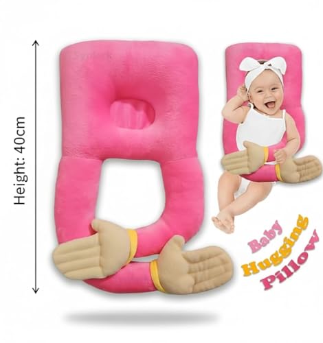 Image of U-Shaped Sleeping Pillow with Arms, Pink Plush Body Support Cushion, 38cm Ergonomic Design, Soft Fabric