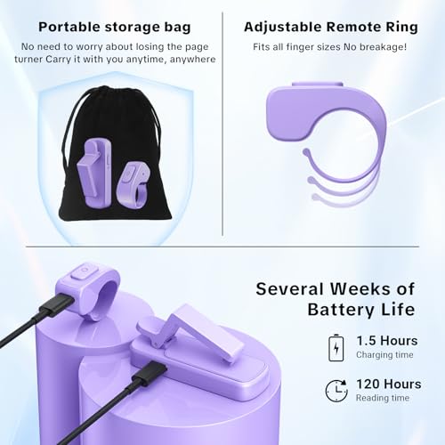 Image of Remote Page Turner Ring for Kindle Paperwhite Oasis Scribe Kobo,Designed for Thick Cases Clicker Page Turner Camera Remote for iPhone iPad Android Tablets Reading Novels Comics with Storage Bag-Purple