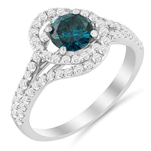 Original Classics 14K White Gold 1-1/3 Cttw White & Blue Diamond Interweaving Double Halo Cocktail Statement Ring (G-H and Fancy Blue Color, SI2-I1 Clarity) - Size 7-1/4
