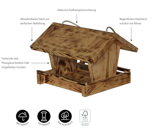 Dehner Natura Premium Wildvogel Futterhaus Linn, Futterstation für Wildvögel, Vogelhaus robust/hängend, inkl. Kordel zum Aufhängen, ca. 27 x 18 x 20.5 cm, aus FSC-zertifiziertem Kiefernholz, natur