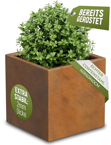 GardenGrace Pflanzkübel Cortenstahl, Quadratisch, Rost-Optik, Extra Stabil 2mm Dicke, Bereits Gerostet (40x40x40)