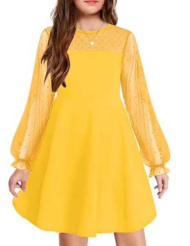 Arshiner Girl's Contrast Mesh Puff Long Sleeve High Waist A Line Short Dress with Pockets for 6-13 Years