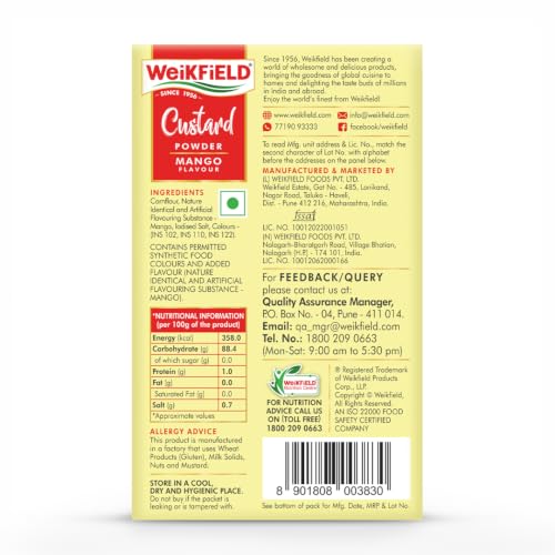 Image of Weikfield Custard Powder | Mango Flavour | Makes Smooth & Creamy Custard | Contains Quality Ingredients | Best For Fruit Salads & Puddings | 100% Vegetarian | 75g Carton (Pack of 2)