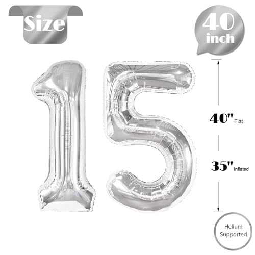 Image of Silver Number 15 Balloon 40 inch, 15 Number Balloons, 15th Silver Birthday Decorations, 15 Year Old Silver Party Supplies