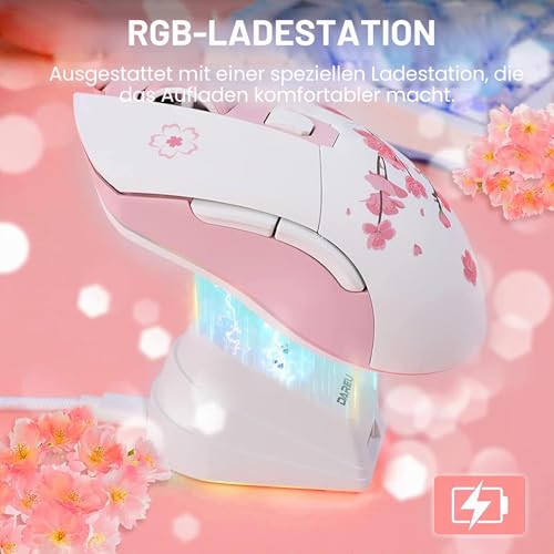 DAREU Sakura Pink Gaming Maus Kabellose mit Magnetic Charging Dock Wiederaufladbar RGB,12K DPI, 6 Programmierbare Tasten… – Ansicht 6