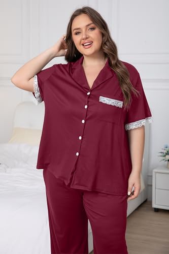 Image of Vozanet Women Short Sleeve Long Pants Pajama Sets Lace Trim Button Down Sleepwear Plus Size Knit Loungewear Sexy Nighty