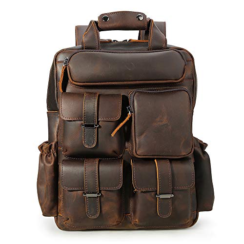 TIDING Vintage Genuine Leather Backpack 14 Inch Laptop Bag Multi Pockets School Travel Daypack
