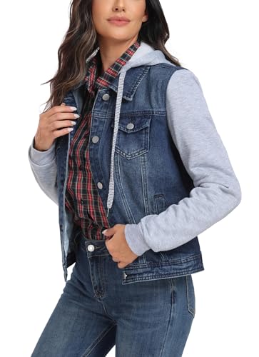 J.Corrine Women's Classic Casual Hooded Denim Jacket Drawstring Vintage Washed Jean Jacket Sweatshirt with Pockets4