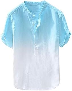 Mens Baggy Gradient Color Henley T Shirt Short Sleeve Casual Lightweight Collarless Grandad Button Shirts Breathable Summer Lounge Tops Blouse Light Blue 3XL