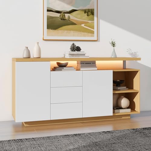 Credenza, armadietto a buffet, comò con 2 ante e 3 cassetti, armadietto per soggiorno, mobile TV, parete del soggiorno, vetrina LED, buffet, sala da pranzo, 140 x 40 x 70 cm (bianco + cachi)