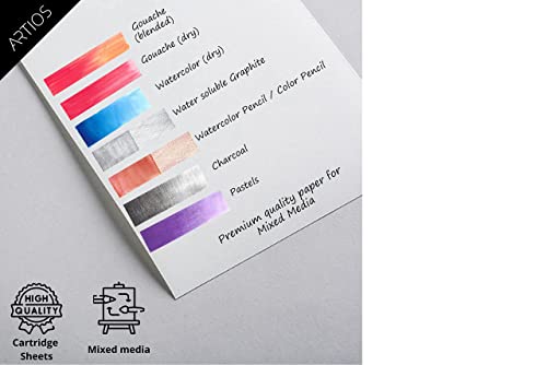 Image of ARTIOS Mixed Media Cartridge Paper A2 240 GSM - 5 Drawing Sheets for Artists, Ideal for Charcoal, Graphite, Acrylic, Watercolor, Gouache, Ink, & Other Mixed Media