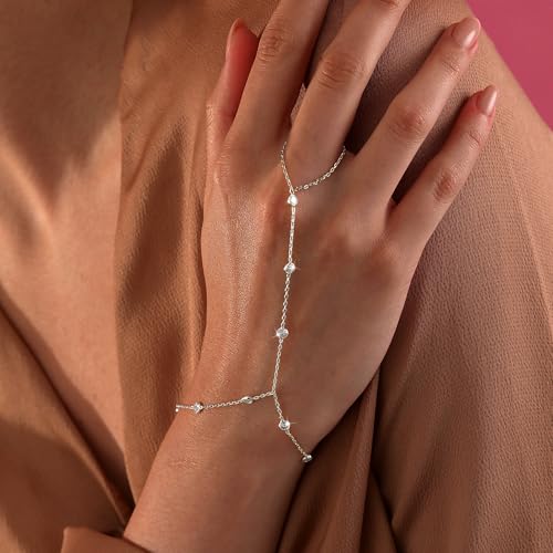 Image of Hand Chain Bracelet for Women Trendy, Dainty Silver Beaded Finger Ring Bracelet Non Tarnish Minimalist Adjustable Simple Cute Silver Bracelets Waterproof Fashion Jewelry